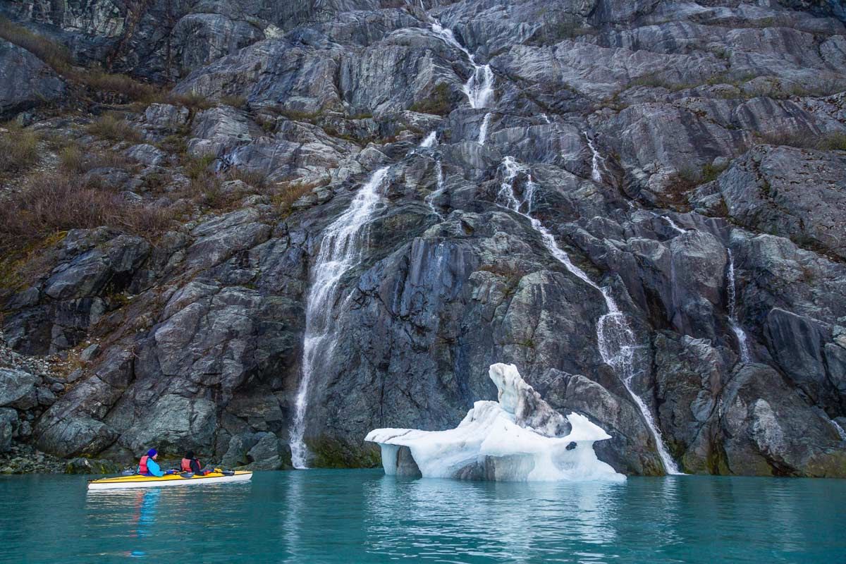 Kayaking around Alaska waterfalls