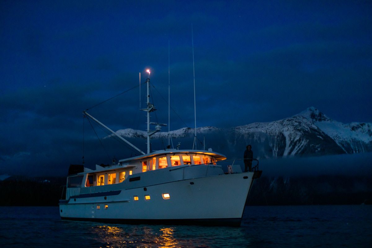 Alaska small cruise ship at night